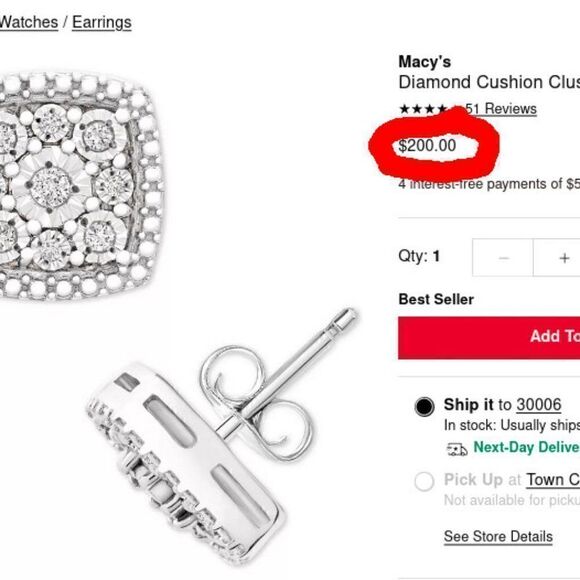 Macy's Diamond Cushion Cluster Earrings MSRP $200 - Picture 2 of 9